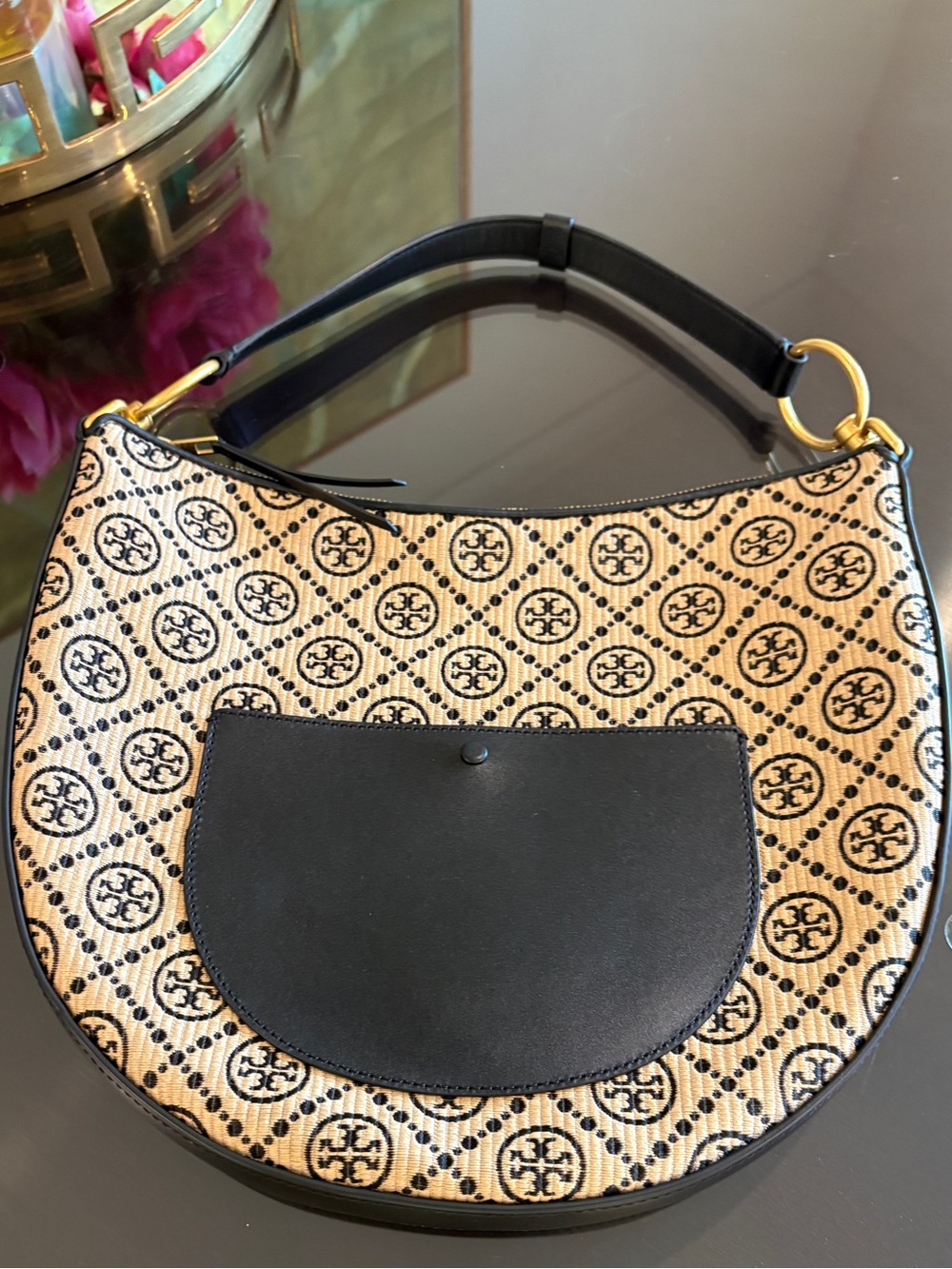 Tory Burch Raffia Woven Logo Half Moon Purse Shoulder Bag - Picture 2 of 13